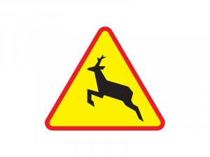 Znak drogowy, ilustrujący zwierzę typu sarna, koloru czarnego na żółtym tle. Obramowanie znaku koloru czerwonego.