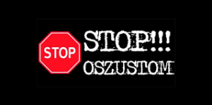 Znak drogowy STOP na czarnym tle i z boku napis STOP OSZUSTOM