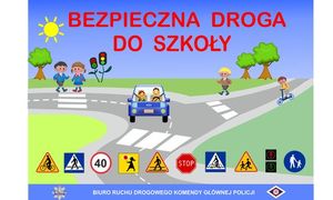Bezpieczna droga do szkoły plakat. Animacja skrzyżowania z autem i przejściami dla pieszych po których chodzą osoby
