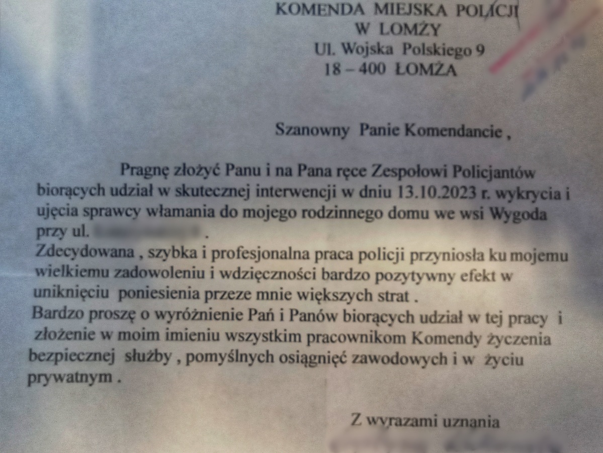 PodziĘkowania Dla PolicjantÓw Za Zatrzymanie Sprawcy WŁamania Do Domu Informacje Kmp Łomża