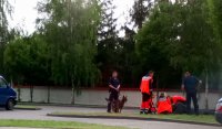 widać przewodnika psa służbowego z psem obok grupy ratowników medycznych udzielających pomocy osobie leżącej na trawniku
