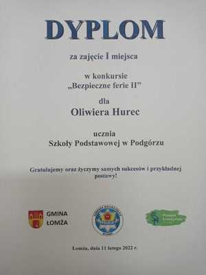 Dyplom za zajęcie III mie4jsca w konkursie