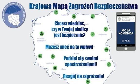Mapa Polski i nad nią napis Krajowa Mapa Zagrożeń Bezpieczeństwa.