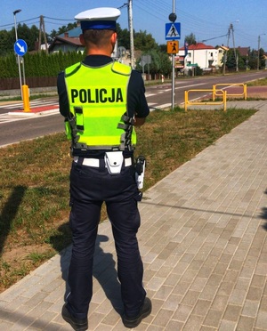 Policjant stojący przy przejściu dla pieszych.