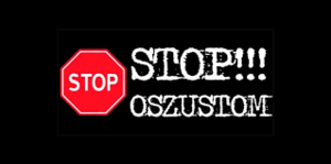 Czarna plansza ze znakiem stop i napis STOP OSZUSTOM