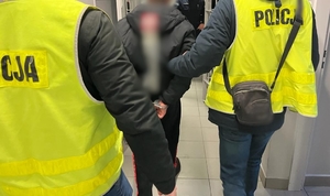 Dwóch policjantów w ubraniach cywilnych, w kamizelkach z napisem policja trzymają podejrzanego mężczyznę, który ma założone kajdanki na ręce trzymane z tyłu.